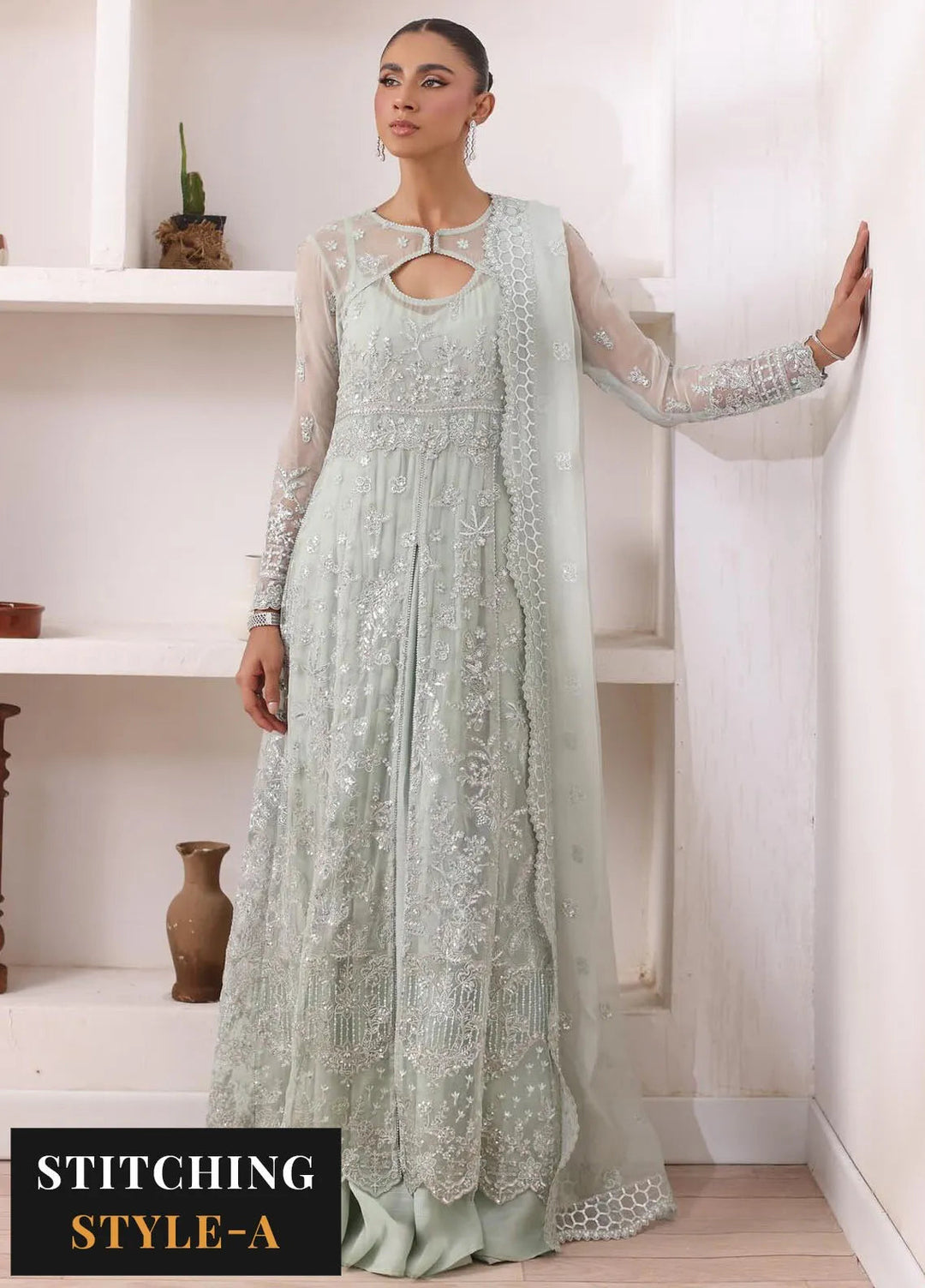 Noor By Saadia Asad Embroidered Chiffon Suit Unstitched 3 Piece NSA24CL D-08 Sage - Formal Collection
