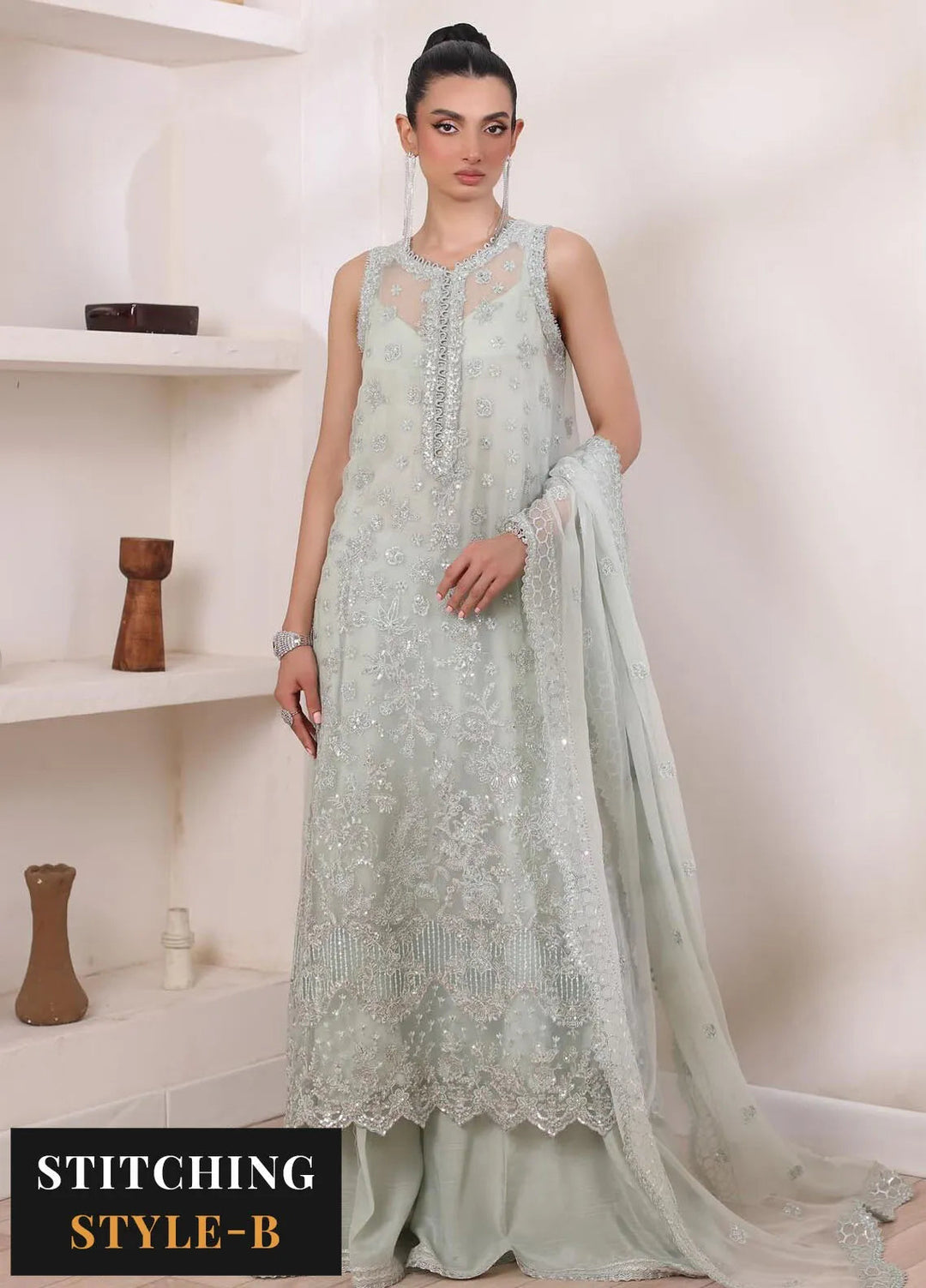Noor By Saadia Asad Embroidered Chiffon Suit Unstitched 3 Piece NSA24CL D-08 Sage - Formal Collection
