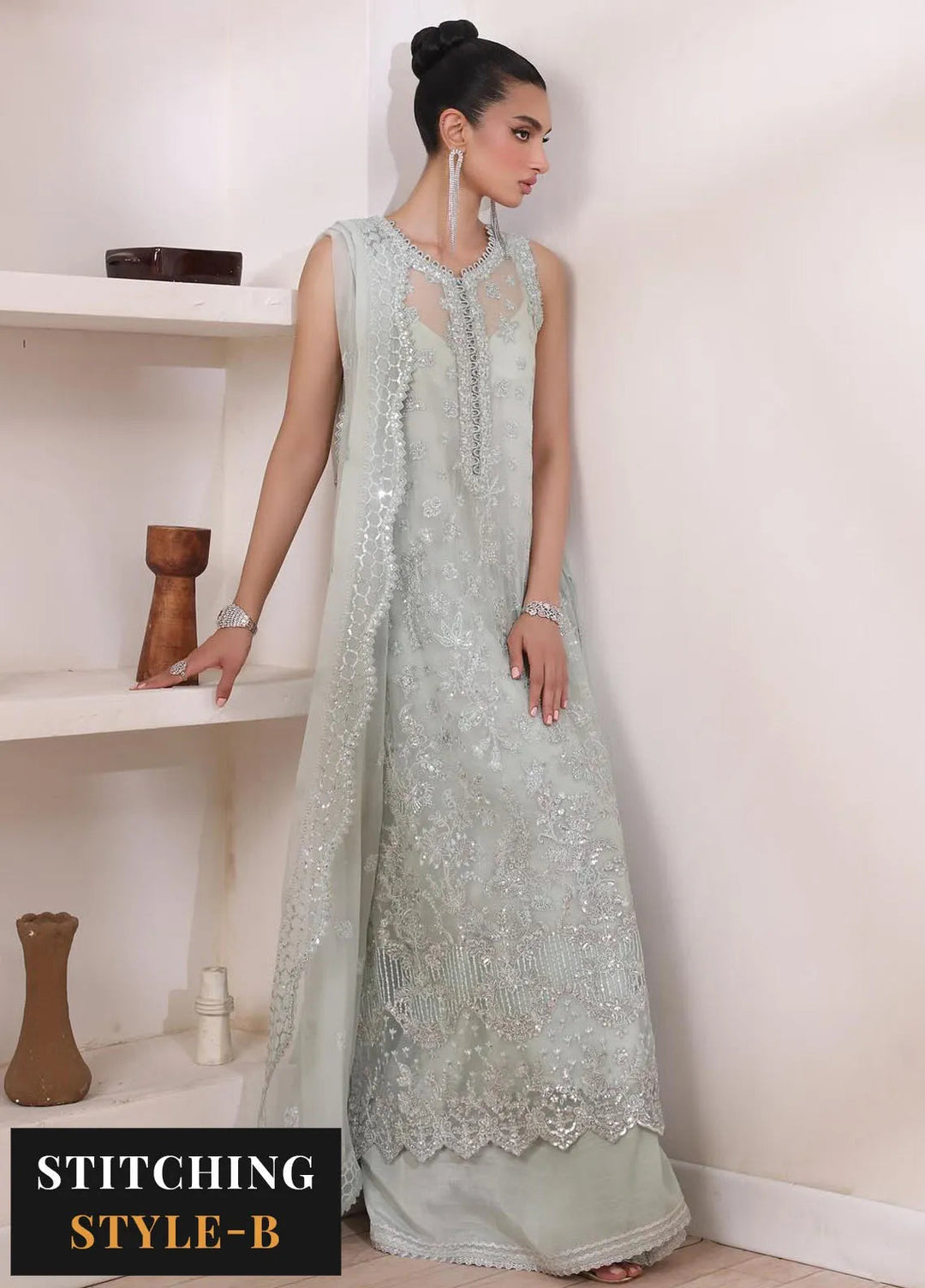 Noor By Saadia Asad Embroidered Chiffon Suit Unstitched 3 Piece NSA24CL D-08 Sage - Formal Collection