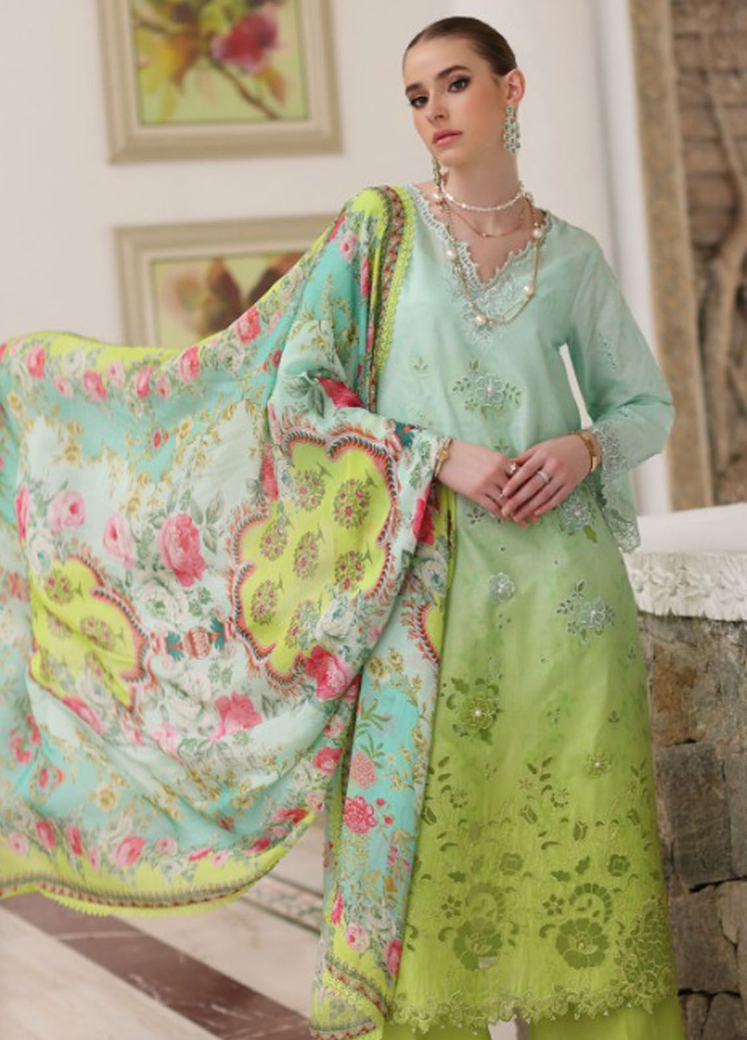 Noor By Saadia Asad Embroidered Lawn Suit Unstitched 3 Piece NSA24C D-5A - Luxury Summer Collection