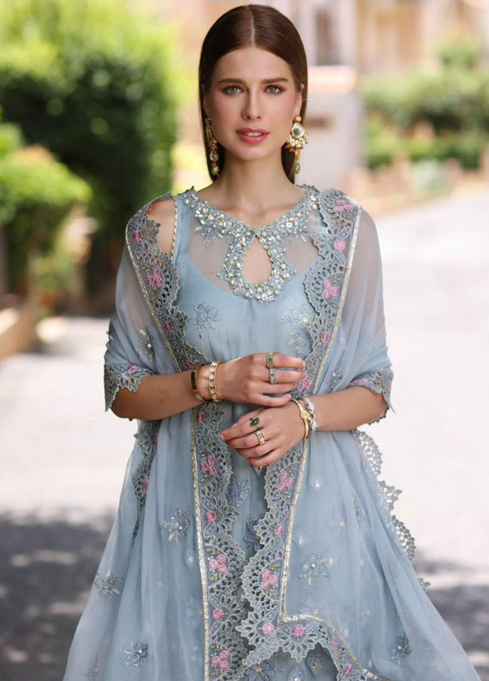 Noor By Saadia Asad Embroidered Chiffon Suits Unstitched 3 Piece NSA23SL D1 - Luxury Collection