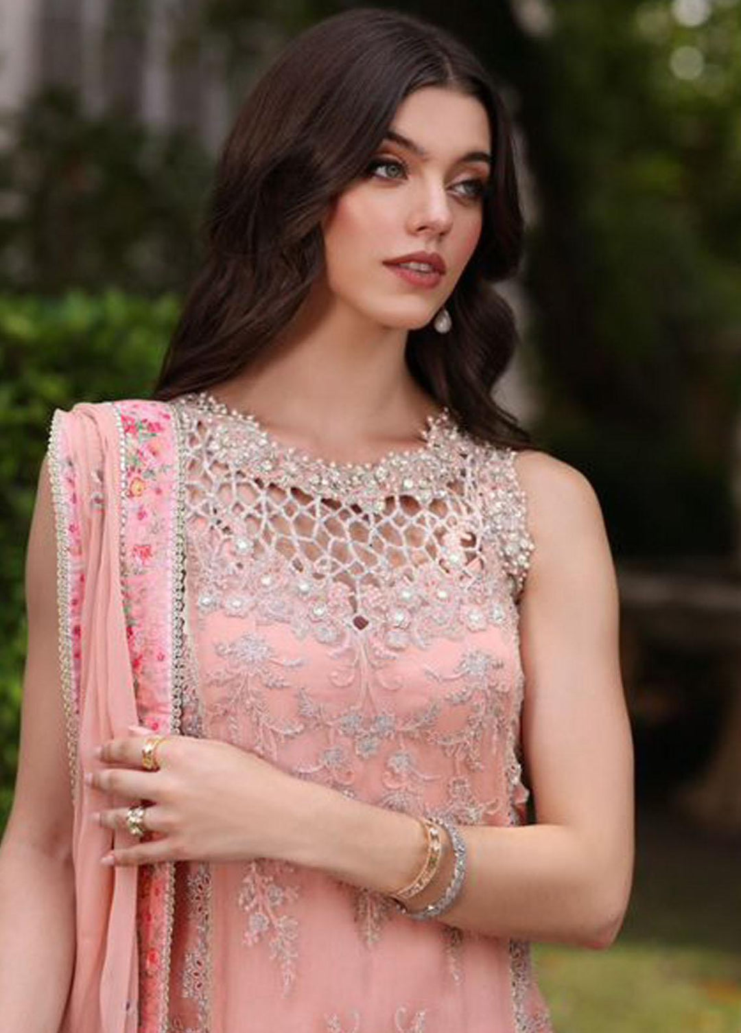 Noor By Saadia Asad Embroidered Chiffon Suits Unstitched 3 Piece NSA23SL D2 - Luxury Collection