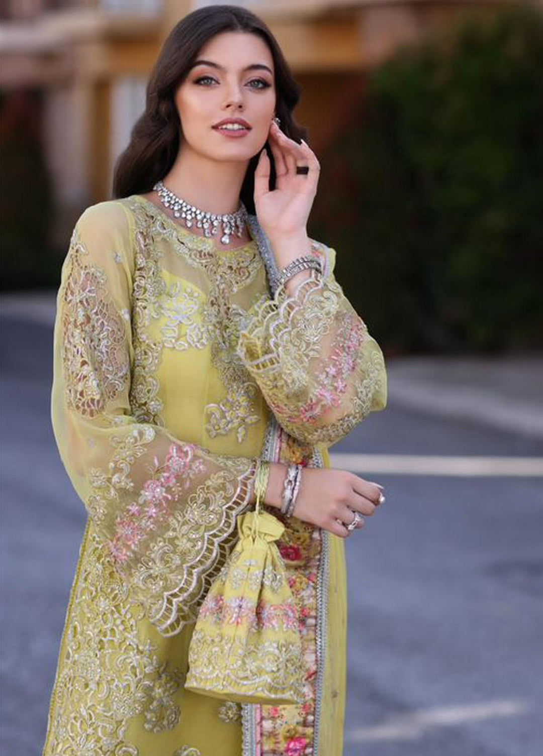 Noor By Saadia Asad Embroidered Chiffon Suits Unstitched 3 Piece NSA23SL D4 - Luxury Collection