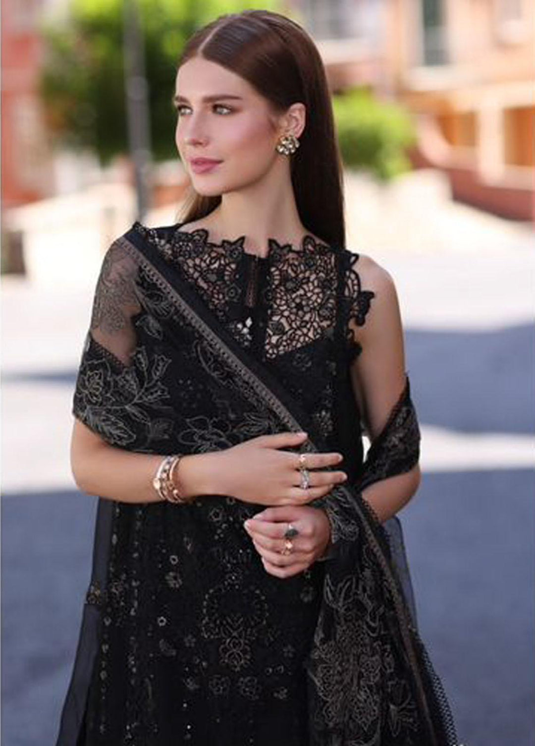 Noor By Saadia Asad Embroidered Chiffon Suits Unstitched 3 Piece NSA23SL D7 - Luxury Collection