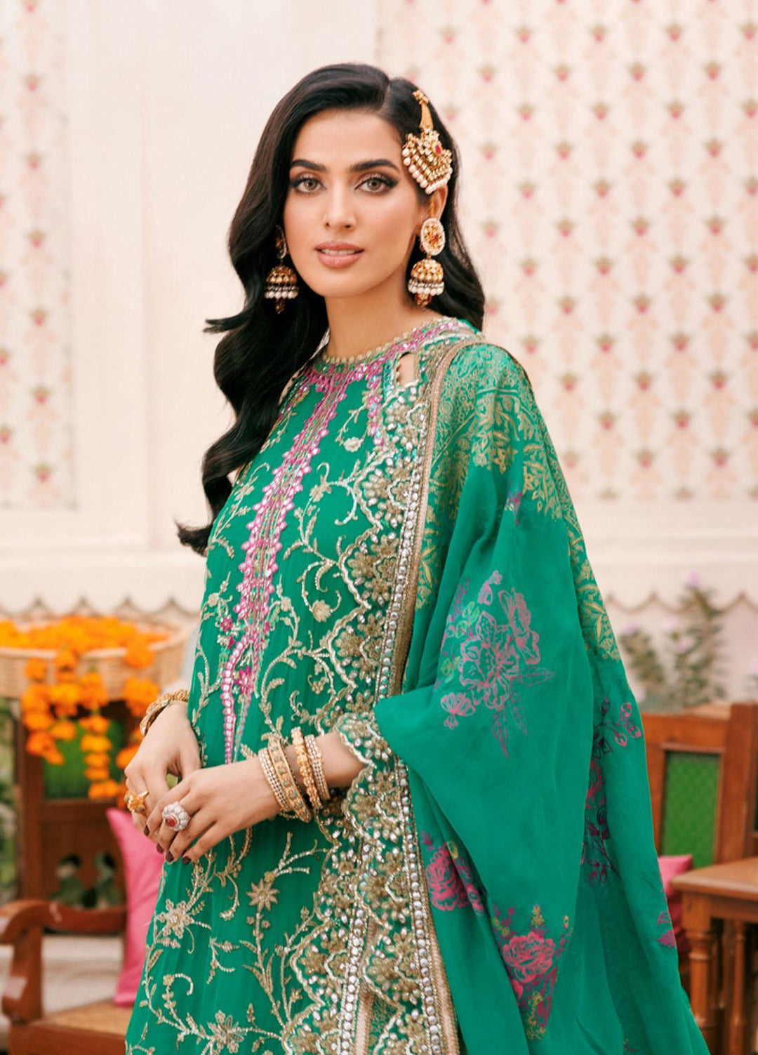 Noor By Saadia Asad Embroidered Chiffon Suits Unstitched 3 Piece NSA22WD D4 Kyra - Wedding Collection