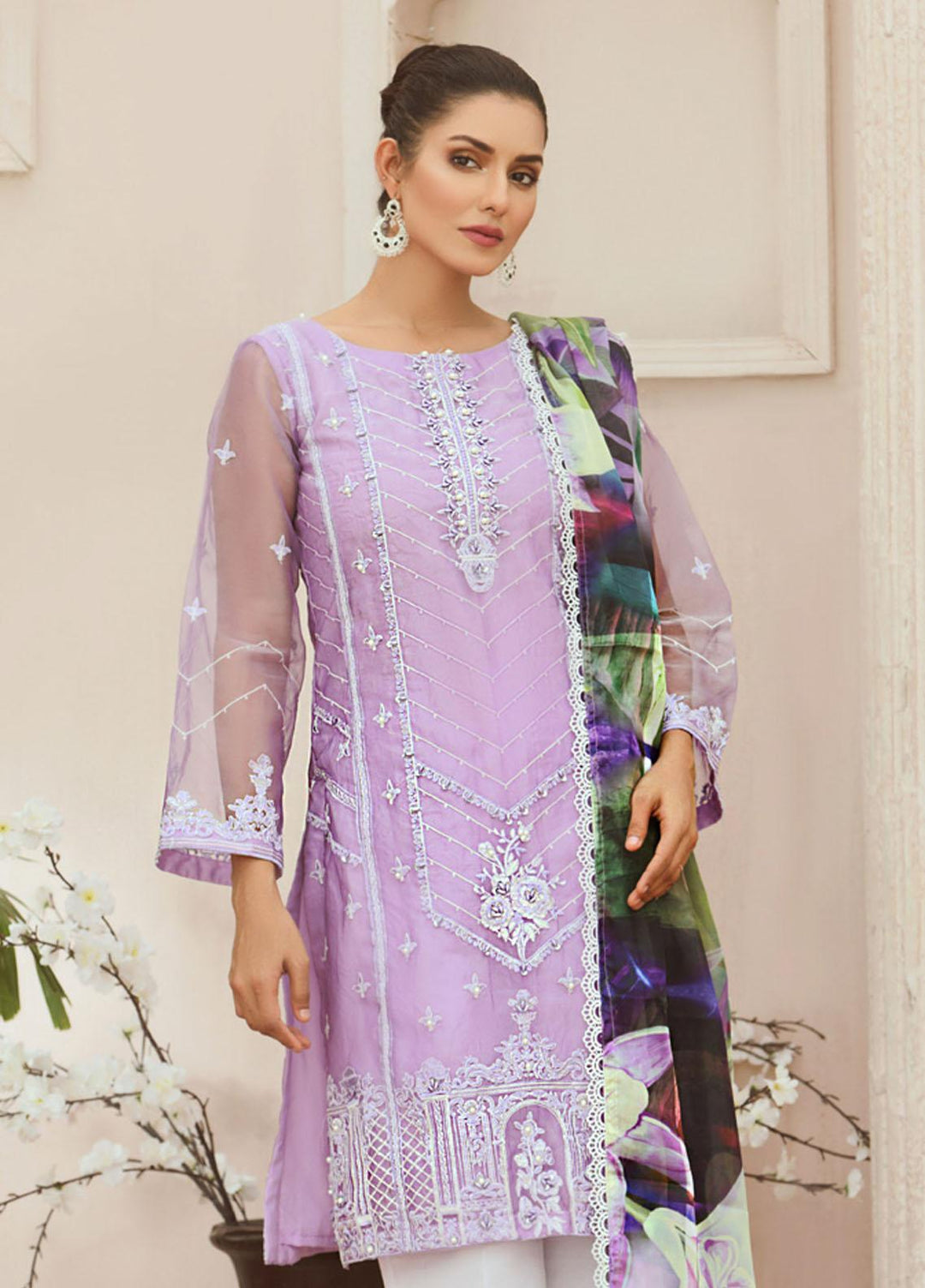 Tehwaar by Noorma Kaamal Embroidered Organza Suits Unstitched 3 Piece NK22T NK-O-T-08 - Luxury Collection