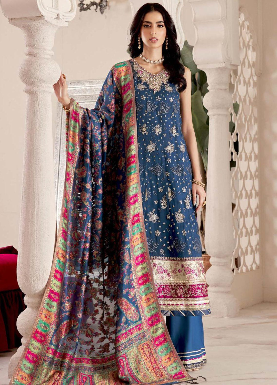 Noor Kaani By Saadia Asad Embroidered Chiffon Suits Unstitched 3 Piece NSA23H D2 Blue - Luxury Collection
