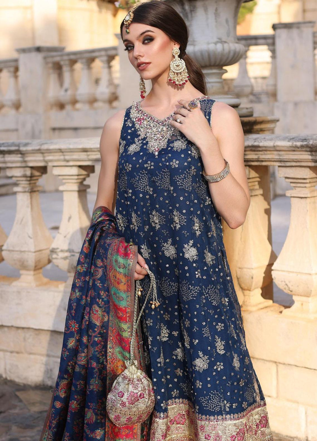 Noor Kaani By Saadia Asad Embroidered Chiffon Suits Unstitched 3 Piece NSA23H D2 Blue - Luxury Collection