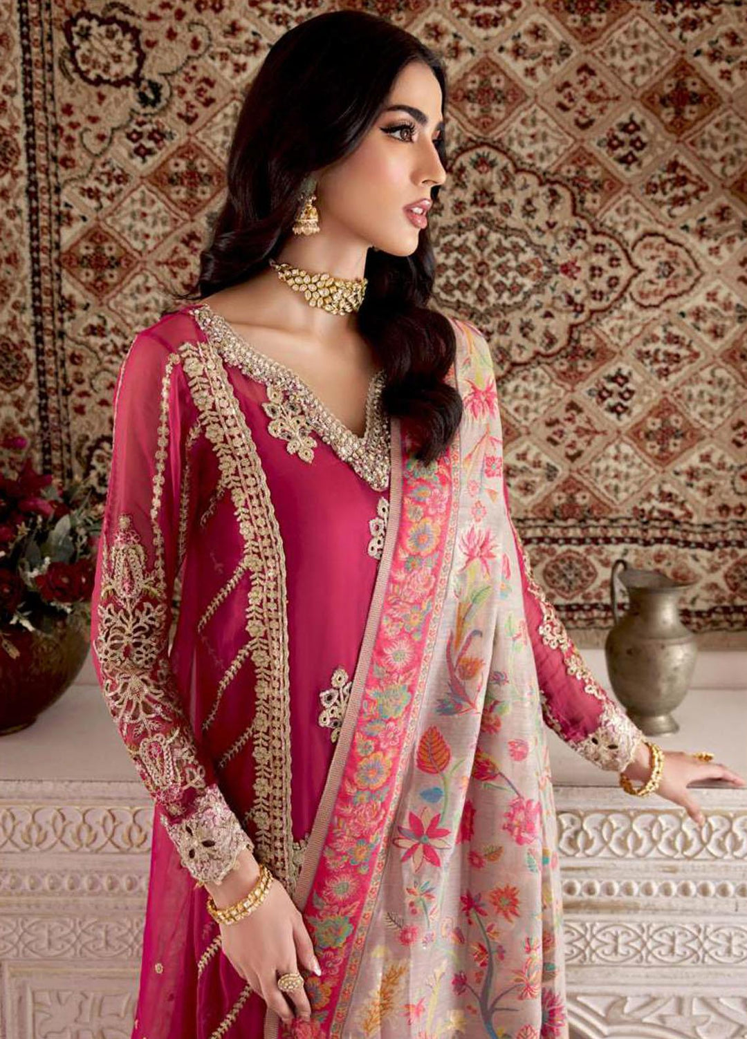 Noor Kaani By Saadia Asad Embroidered Chiffon Suits Unstitched 3 Piece NSA23H D3 Pink - Luxury Collection