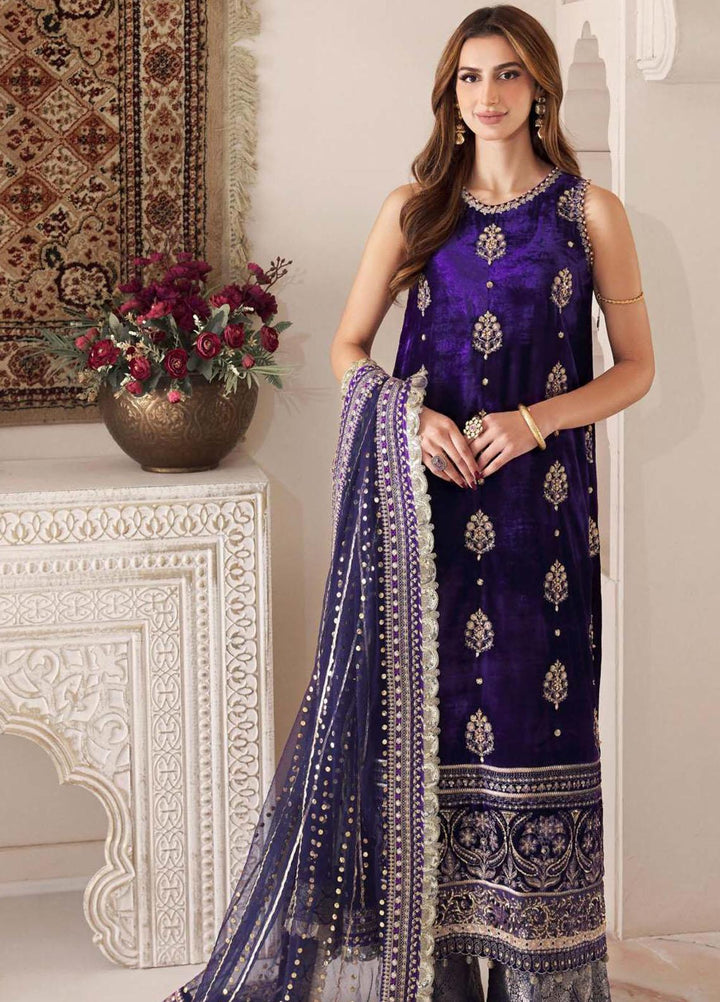 Noor Kaani By Saadia Asad Embroidered Velvet Suits Unstitched 3 Piece NSA23H D4 Purple - Luxury Collection