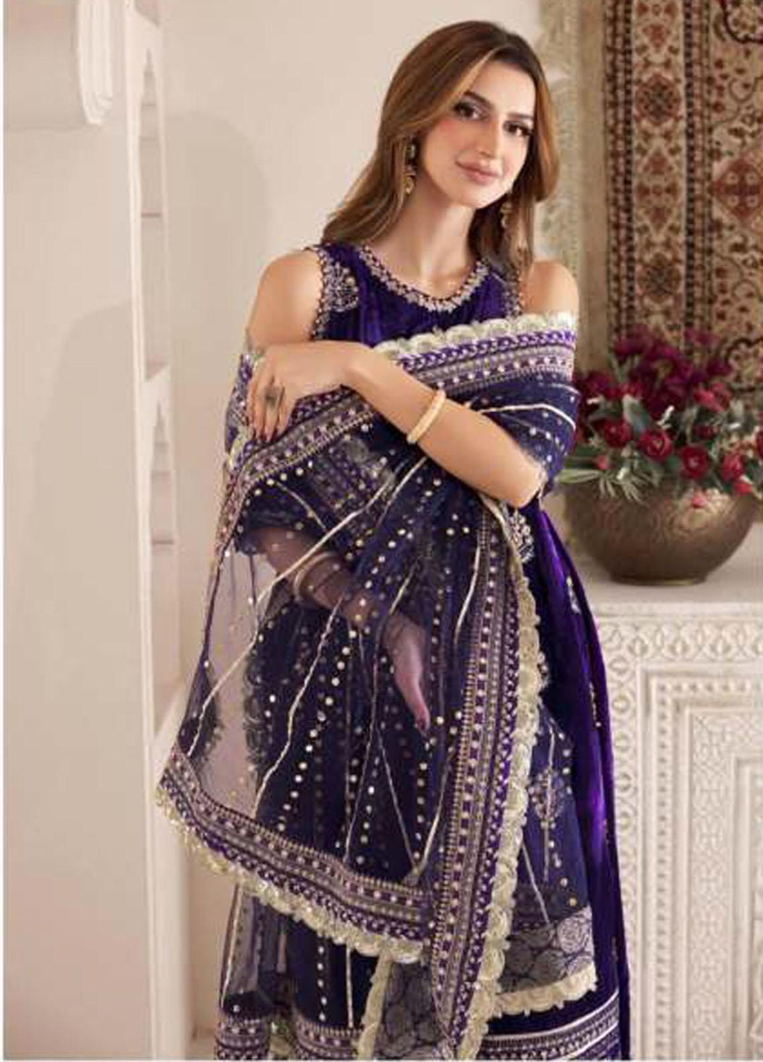 Noor Kaani By Saadia Asad Embroidered Velvet Suits Unstitched 3 Piece NSA23H D4 Purple - Luxury Collection