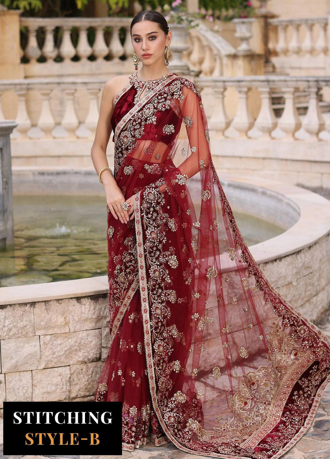 Noor Kaani By Saadia Asad Embroidered Net Suits Unstitched 3 Piece NSA23H D5 Red - Luxury Collection