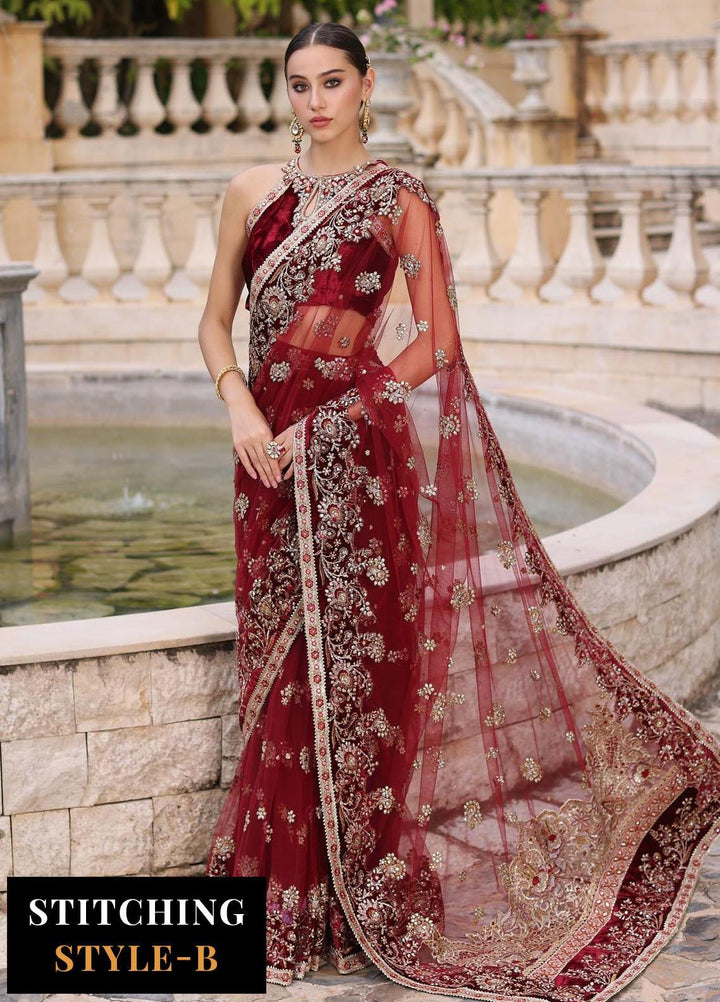 Noor Kaani By Saadia Asad Embroidered Net Suits Unstitched 3 Piece NSA23H D5 Red - Luxury Collection