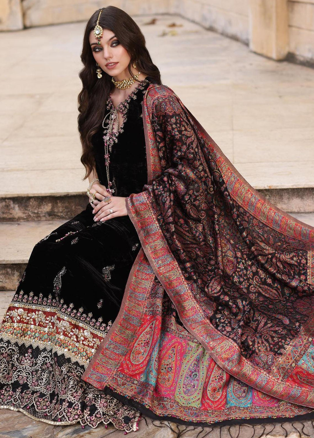 Noor Kaani By Saadia Asad Embroidered Velvet Suits Unstitched 3 Piece NSA23H D6 Black - Luxury Collection