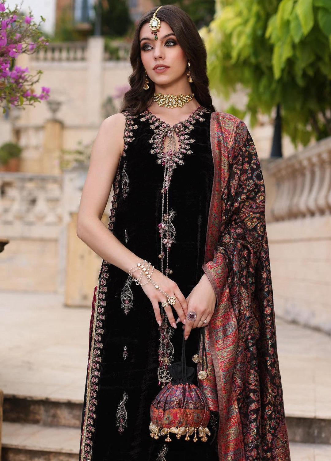 Noor Kaani By Saadia Asad Embroidered Velvet Suits Unstitched 3 Piece NSA23H D6 Black - Luxury Collection