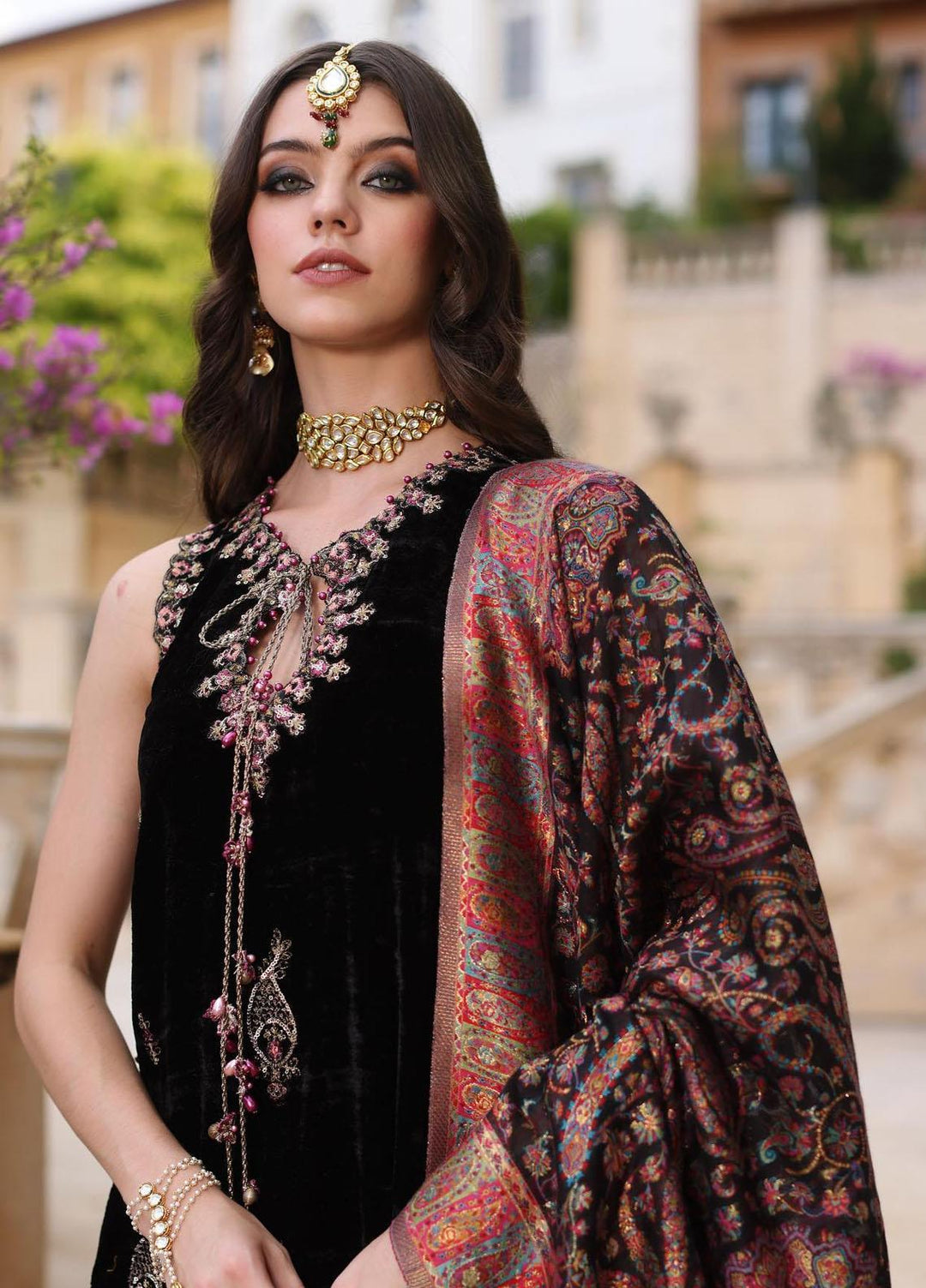 Noor Kaani By Saadia Asad Embroidered Velvet Suits Unstitched 3 Piece NSA23H D6 Black - Luxury Collection