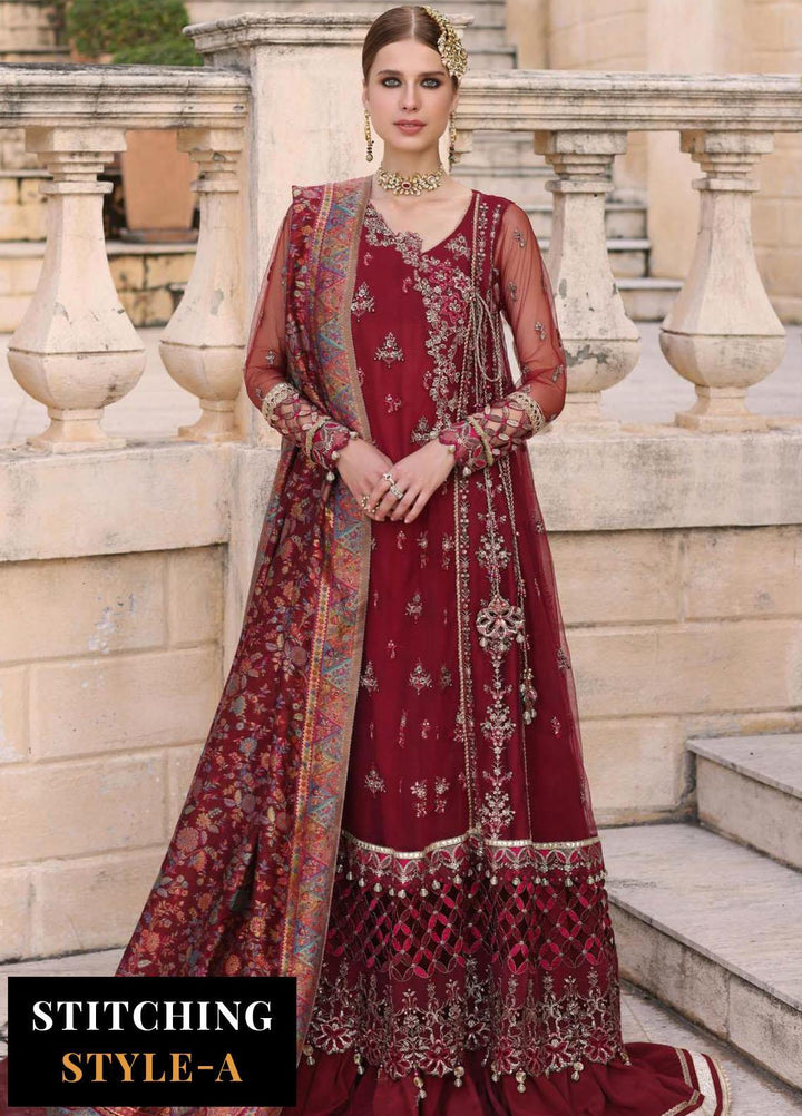 Noor Kaani By Saadia Asad Embroidered Net Suits Unstitched 3 Piece NSA23H D7 Maroon - Luxury Collection