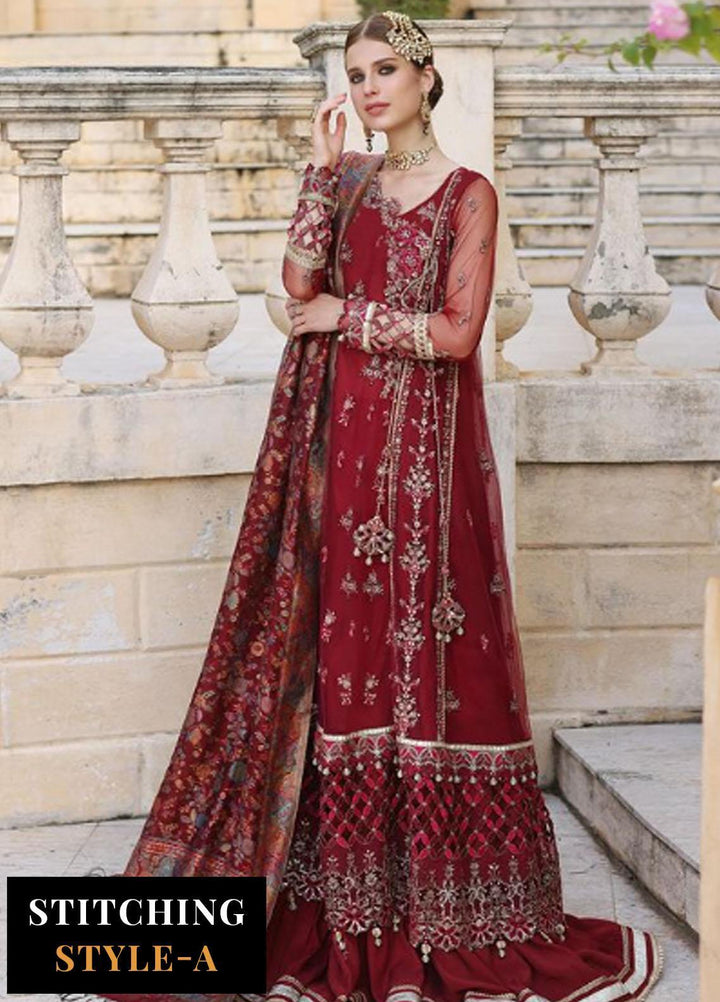 Noor Kaani By Saadia Asad Embroidered Net Suits Unstitched 3 Piece NSA23H D7 Maroon - Luxury Collection
