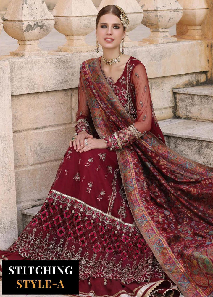 Noor Kaani By Saadia Asad Embroidered Net Suits Unstitched 3 Piece NSA23H D7 Maroon - Luxury Collection