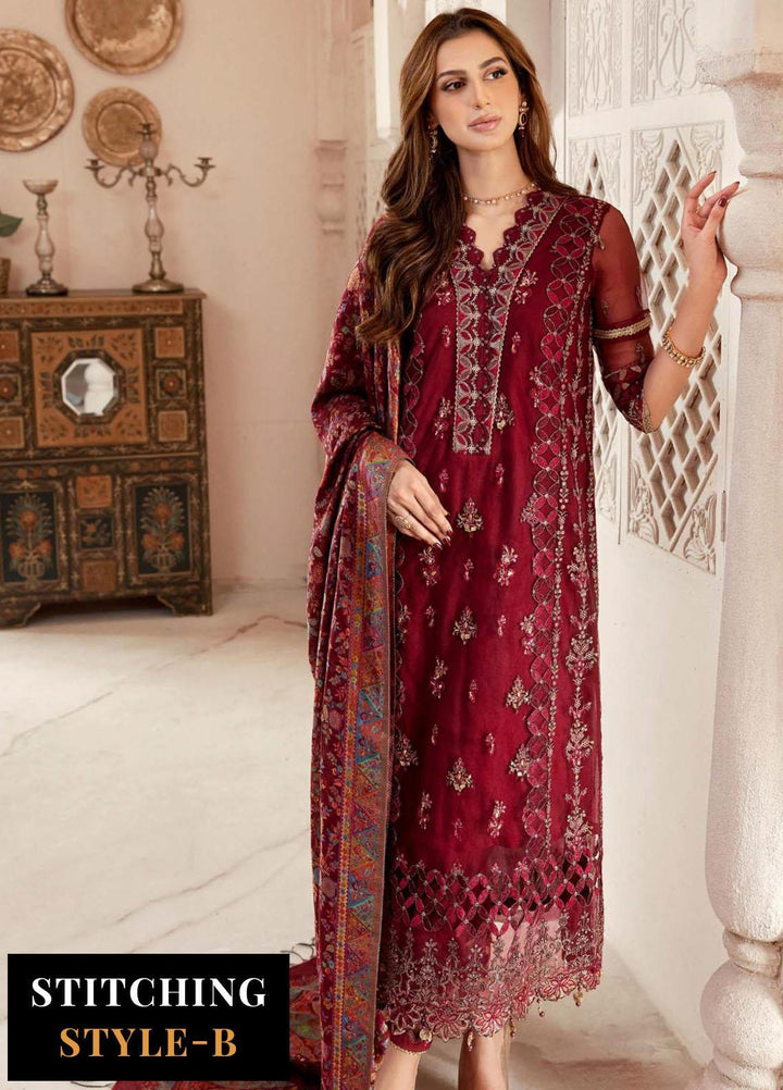Noor Kaani By Saadia Asad Embroidered Net Suits Unstitched 3 Piece NSA23H D7 Maroon - Luxury Collection