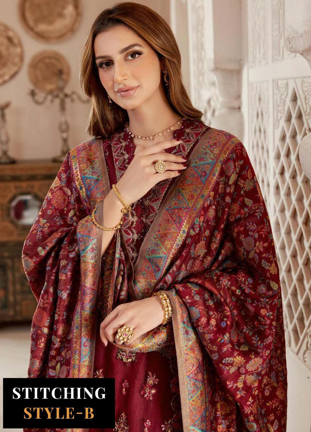 Noor Kaani By Saadia Asad Embroidered Net Suits Unstitched 3 Piece NSA23H D7 Maroon - Luxury Collection