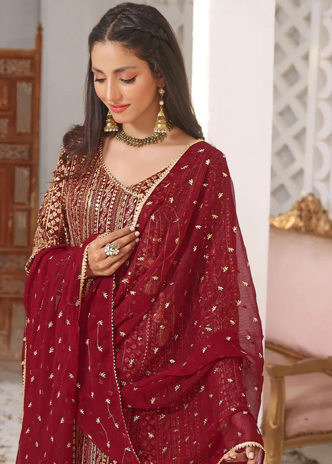 Al Harir Apparel Pret Embroidered Chiffon 3 Piece Suit Ghazal Maroon