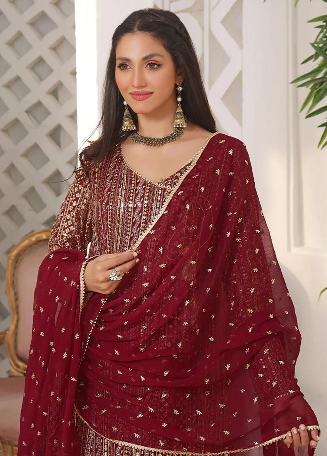 Al Harir Apparel Pret Embroidered Chiffon 3 Piece Suit Ghazal Maroon