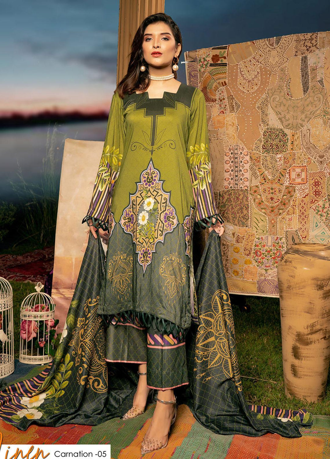 Noorma Kamal Printed Linen Suits Unstitched 3 Piece NK21WL Carnation-05 - Winter Collection