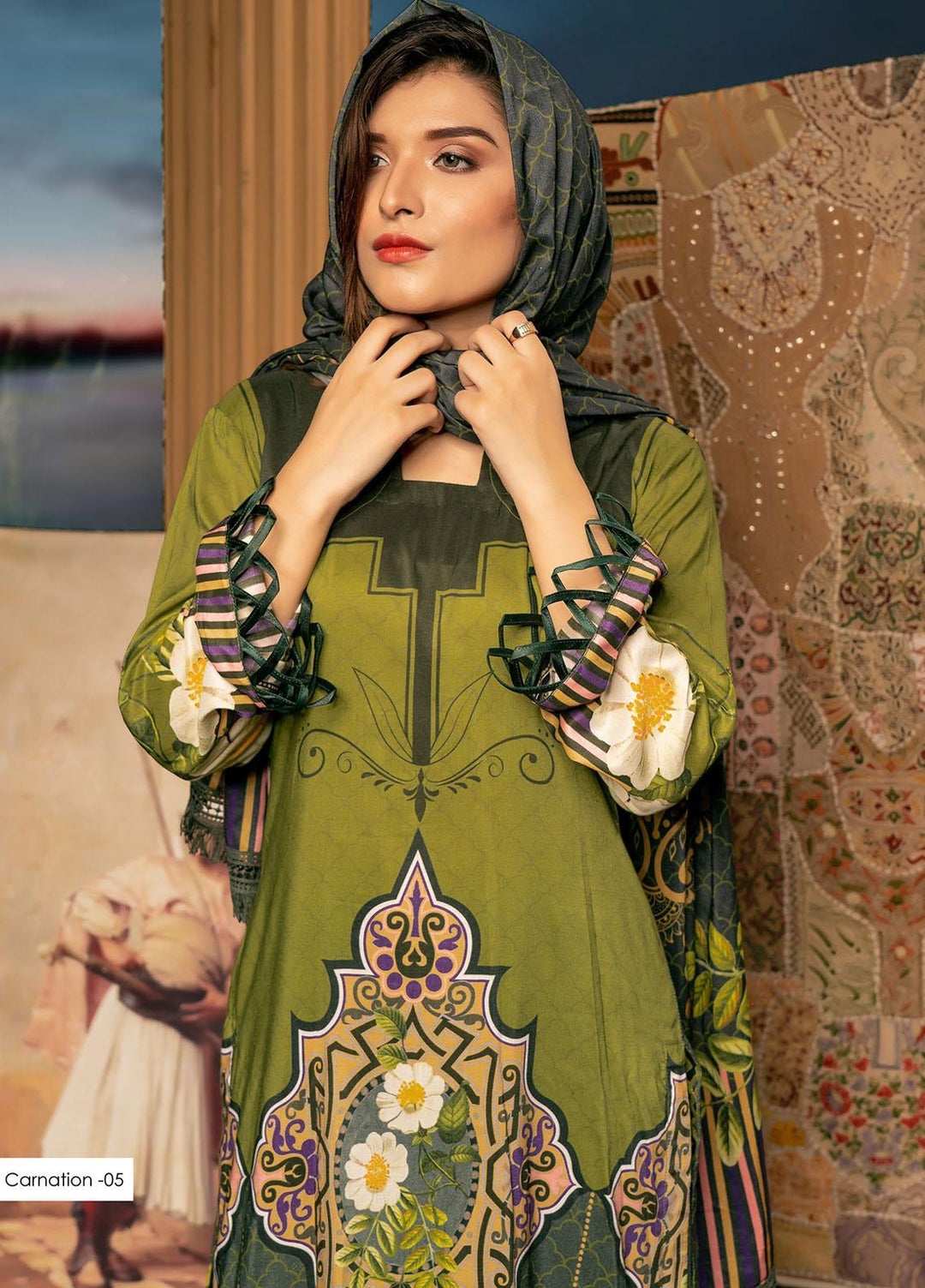 Noorma Kamal Printed Linen Suits Unstitched 3 Piece NK21WL Carnation-05 - Winter Collection