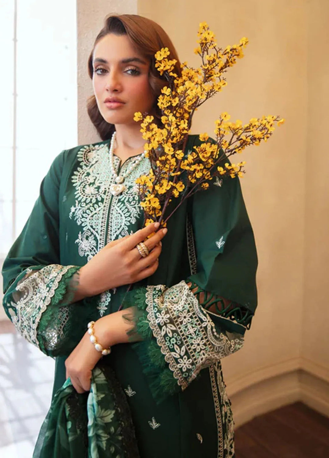 Noura by Shazme Embroidered Lawn Suits Unstitched 3 Piece SHZ25LL SH-01 Emerald - Summer Collection