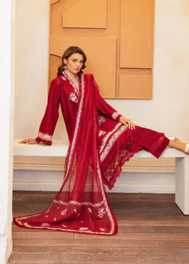 Noura by Shazme Embroidered Lawn Suits Unstitched 3 Piece SHZ25LL SH-02 Crimson - Summer Collection
