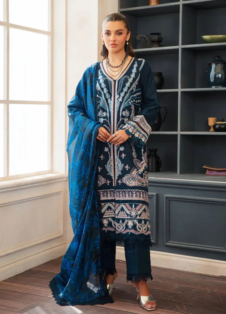 Noura by Shazme Embroidered Lawn Suits Unstitched 3 Piece SHZ25LL SH-04 Sapphire - Summer Collection