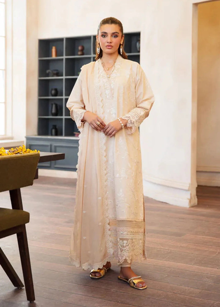 Noura by Shazme Embroidered Lawn Suits Unstitched 3 Piece SHZ25LL SH-07 Ivory - Summer Collection