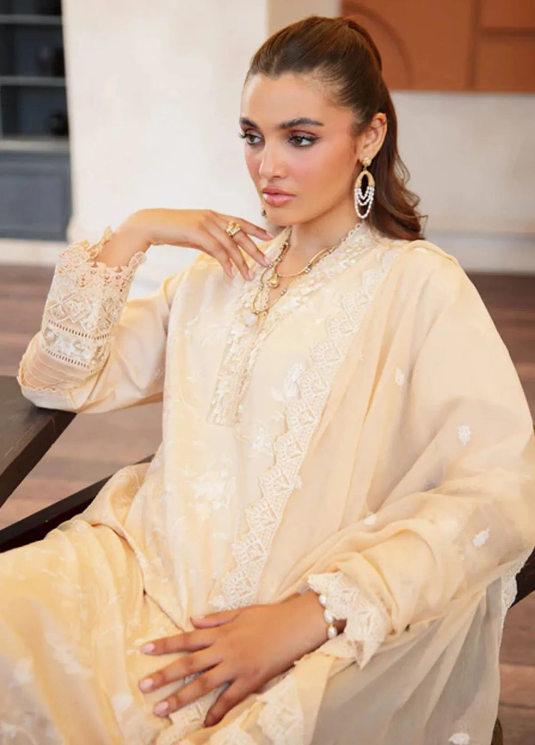 Noura by Shazme Embroidered Lawn Suits Unstitched 3 Piece SHZ25LL SH-07 Ivory - Summer Collection
