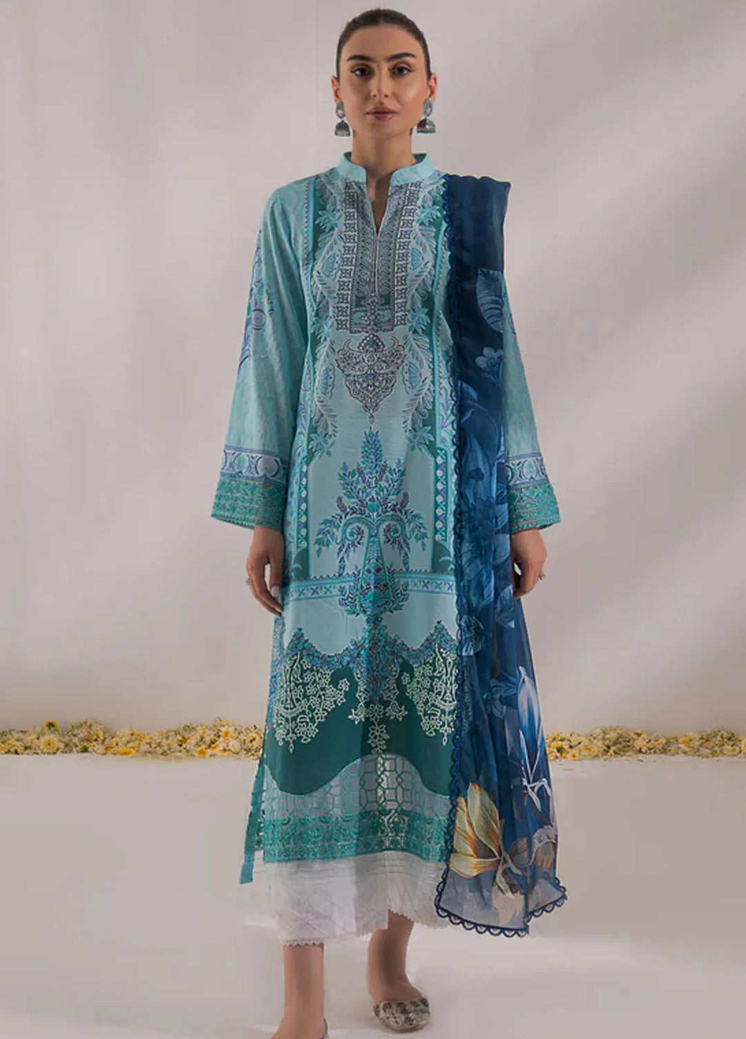 Nur By Shazme Printed Lawn Suit Unstitched 3 Piece SHZ24N SH-07 Aqua Breeze - Summer Collection