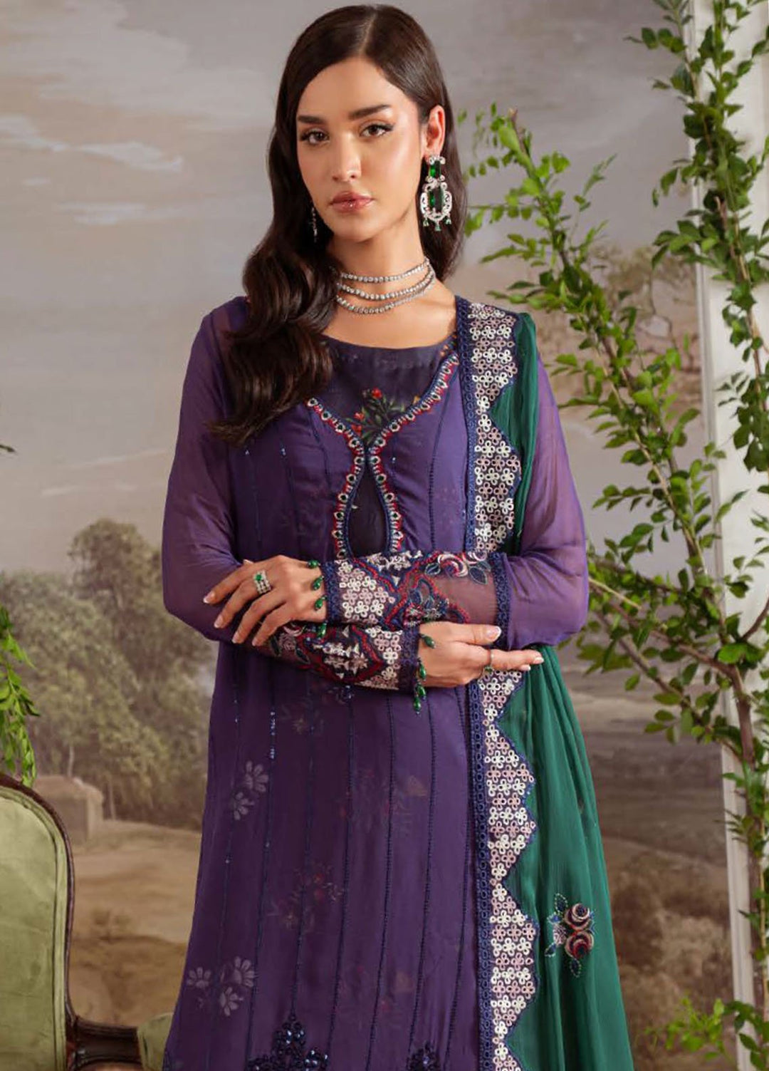 Nureh Embroidered Chiffon Suits Unstitched 4 Piece Suit NU25AU AM-29 - Luxury Collection