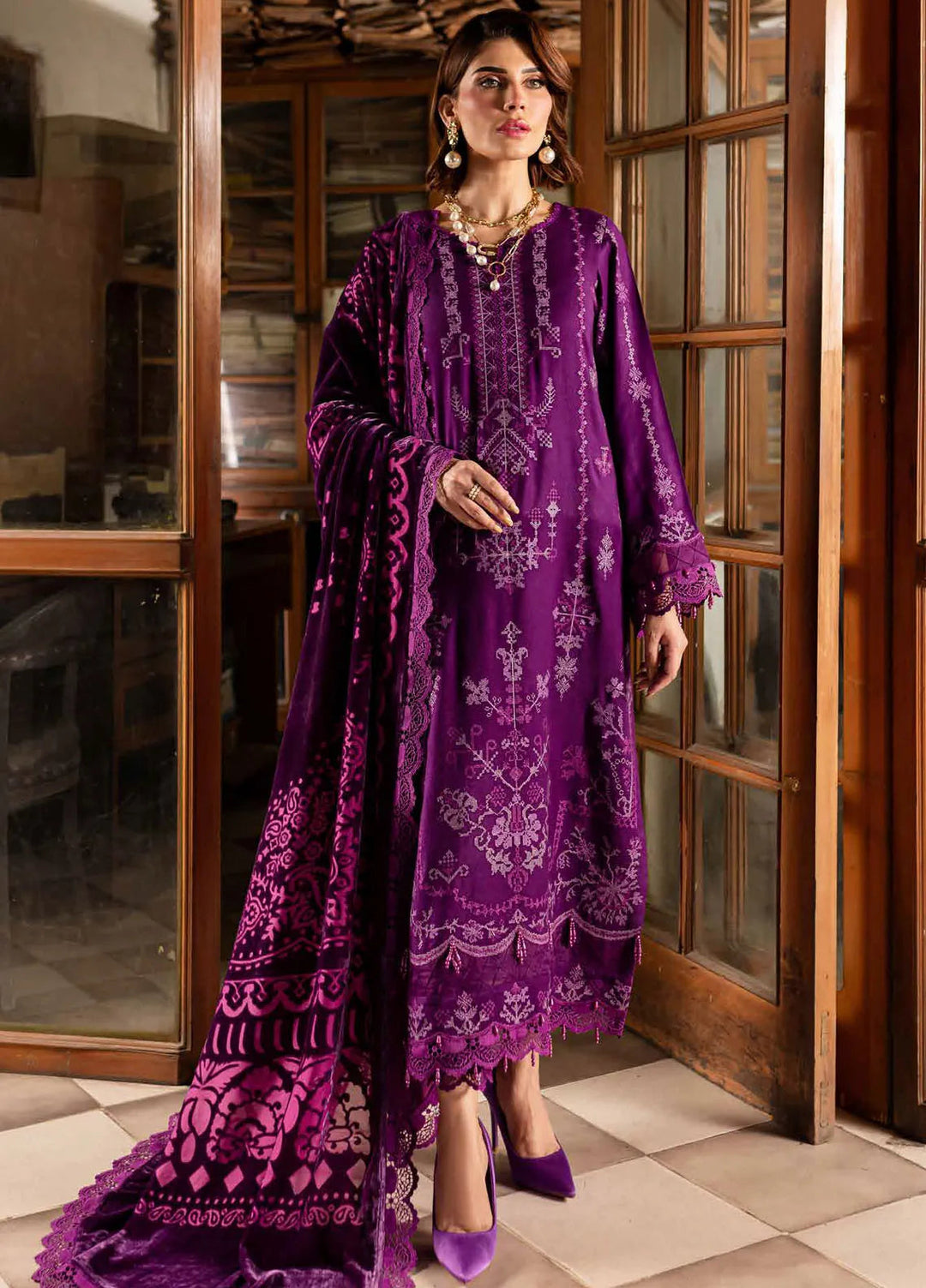 Nureh Embroidered Leather Peach Suit Unstitched 3 Piece NE - 119 - Winter Collection