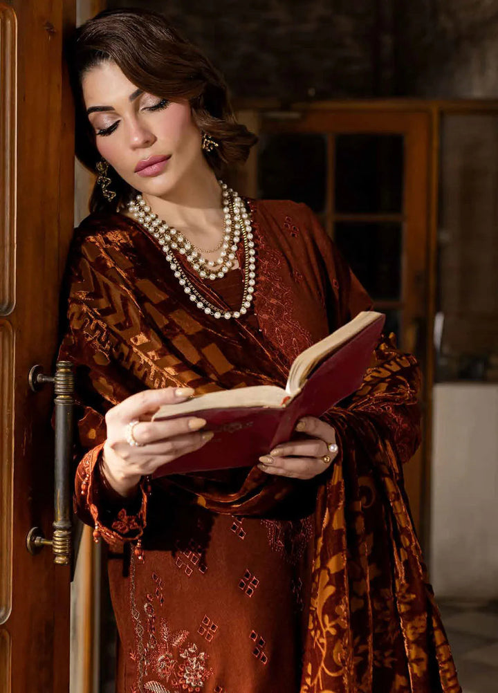 Nureh Embroidered Leather Peach Suit Unstitched 3 Piece NE - 120 - Winter Collection