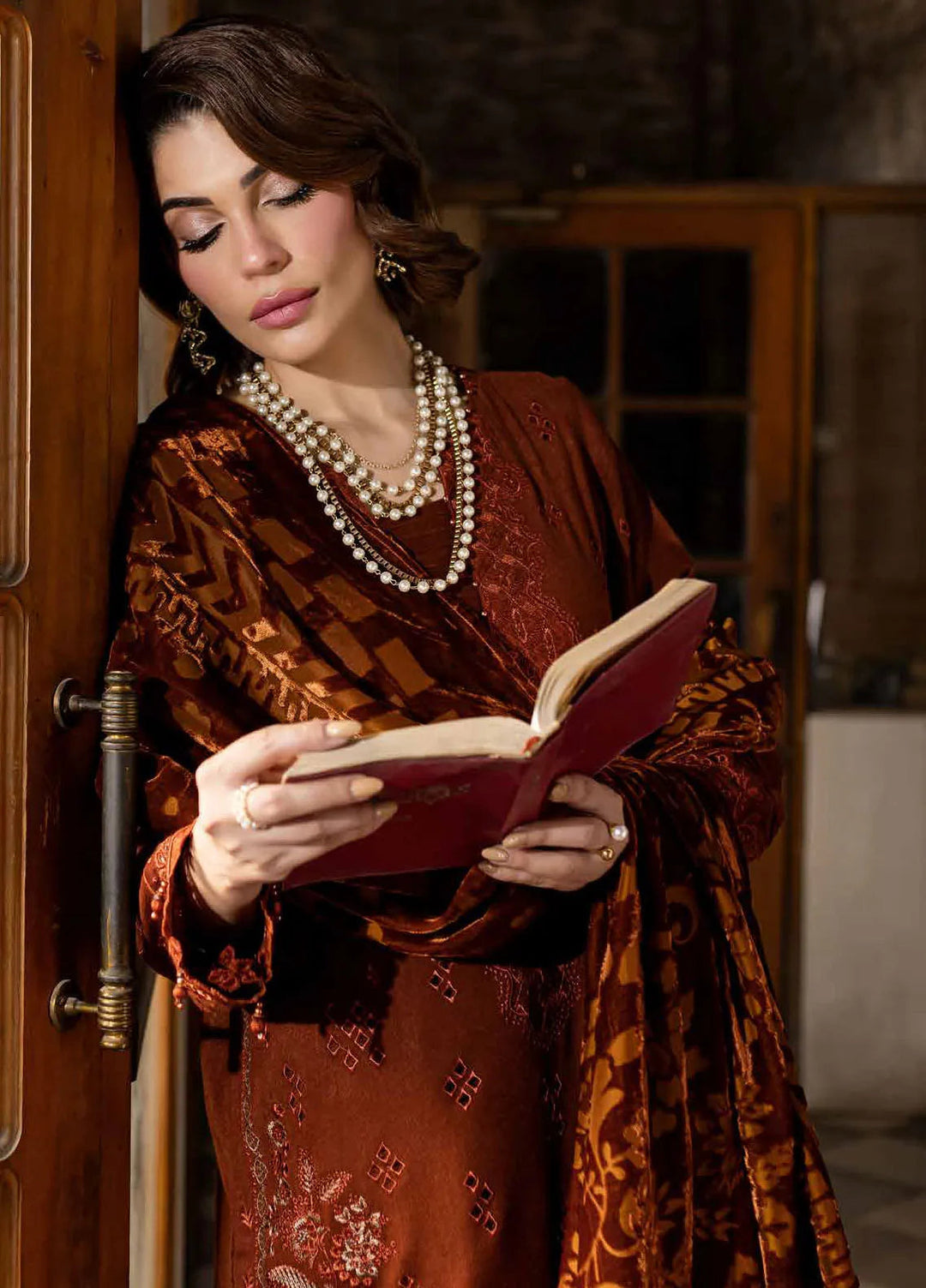 Nureh Embroidered Leather Peach Suit Unstitched 3 Piece NE - 120 - Winter Collection