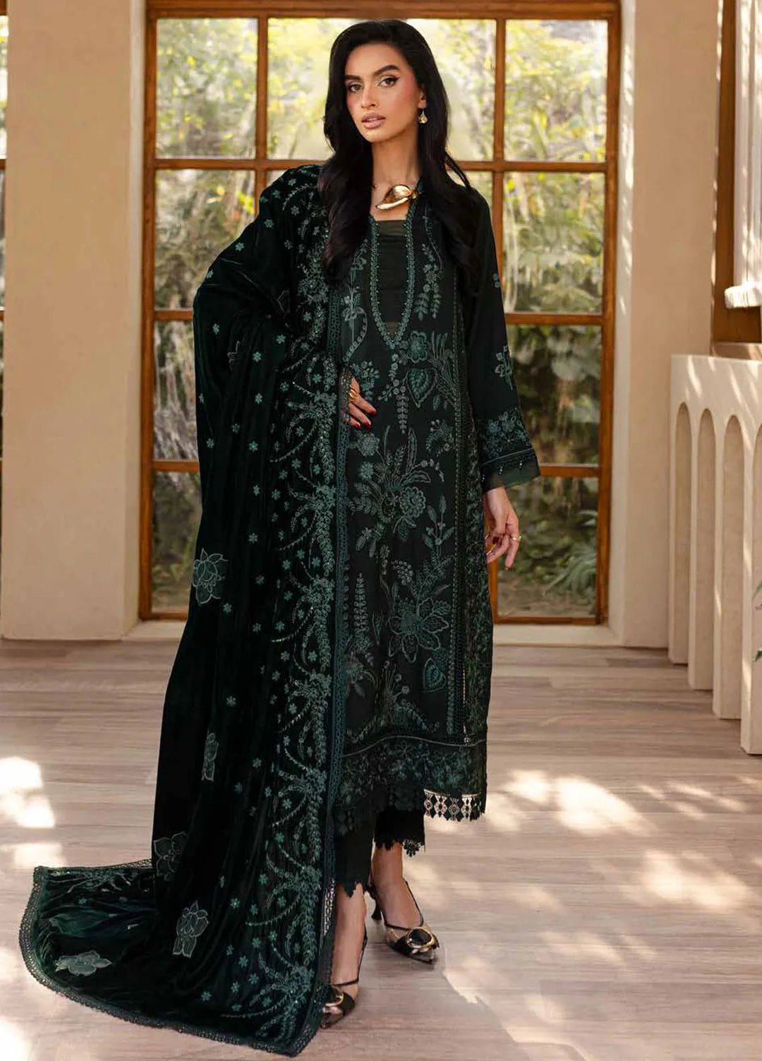 Nureh Embroidered Leather Peach Suit Unstitched 3 Piece NU24EV NE-125 - Winter Collection