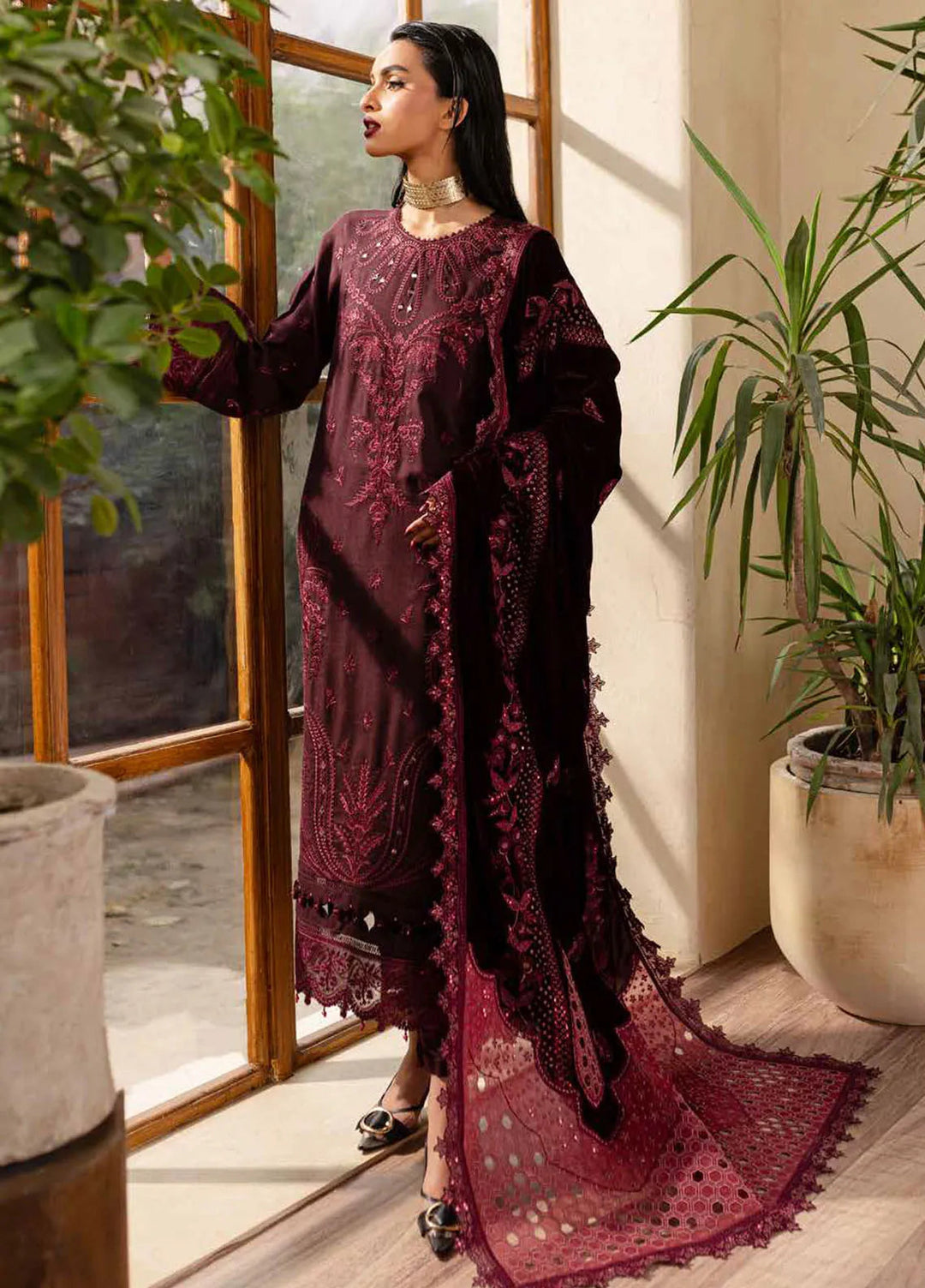 Nureh Embroidered Leather Peach Suit Unstitched 3 Piece NU24EV NE-126 - Winter Collection