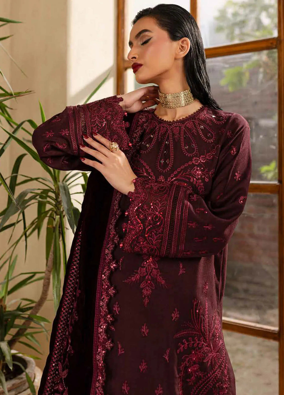Nureh Embroidered Leather Peach Suit Unstitched 3 Piece NU24EV NE-126 - Winter Collection