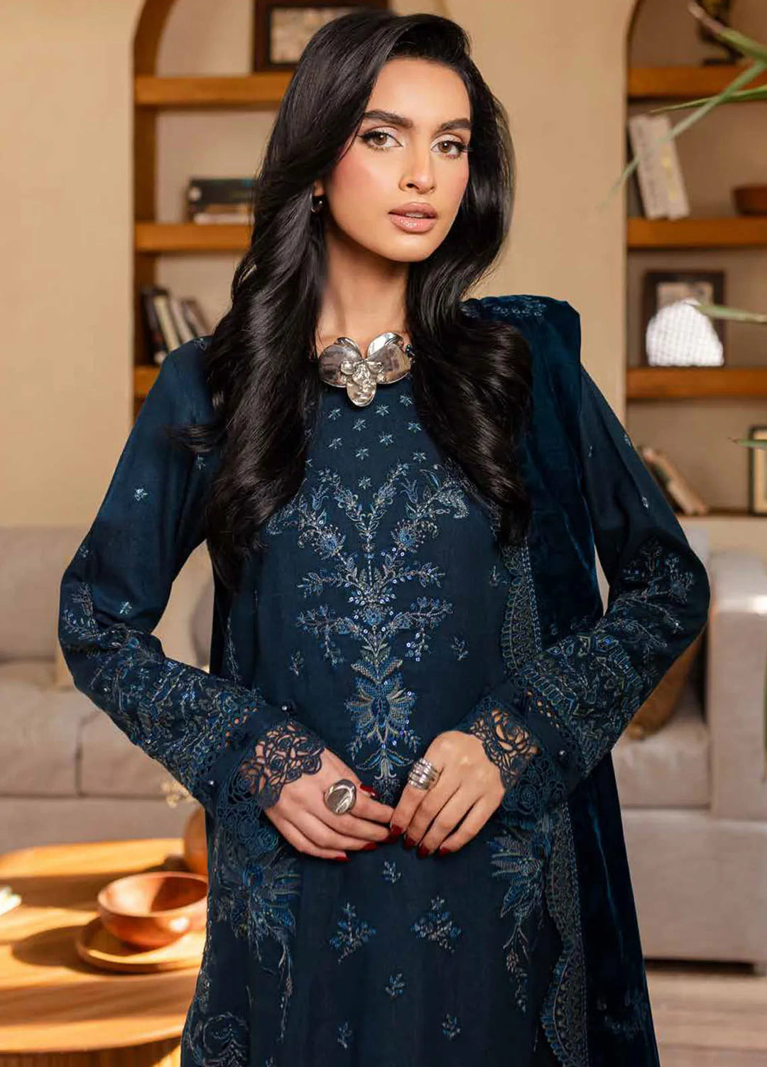 Nureh Embroidered Leather Peach Suit Unstitched 3 Piece NU24EV NE-127 - Winter Collection