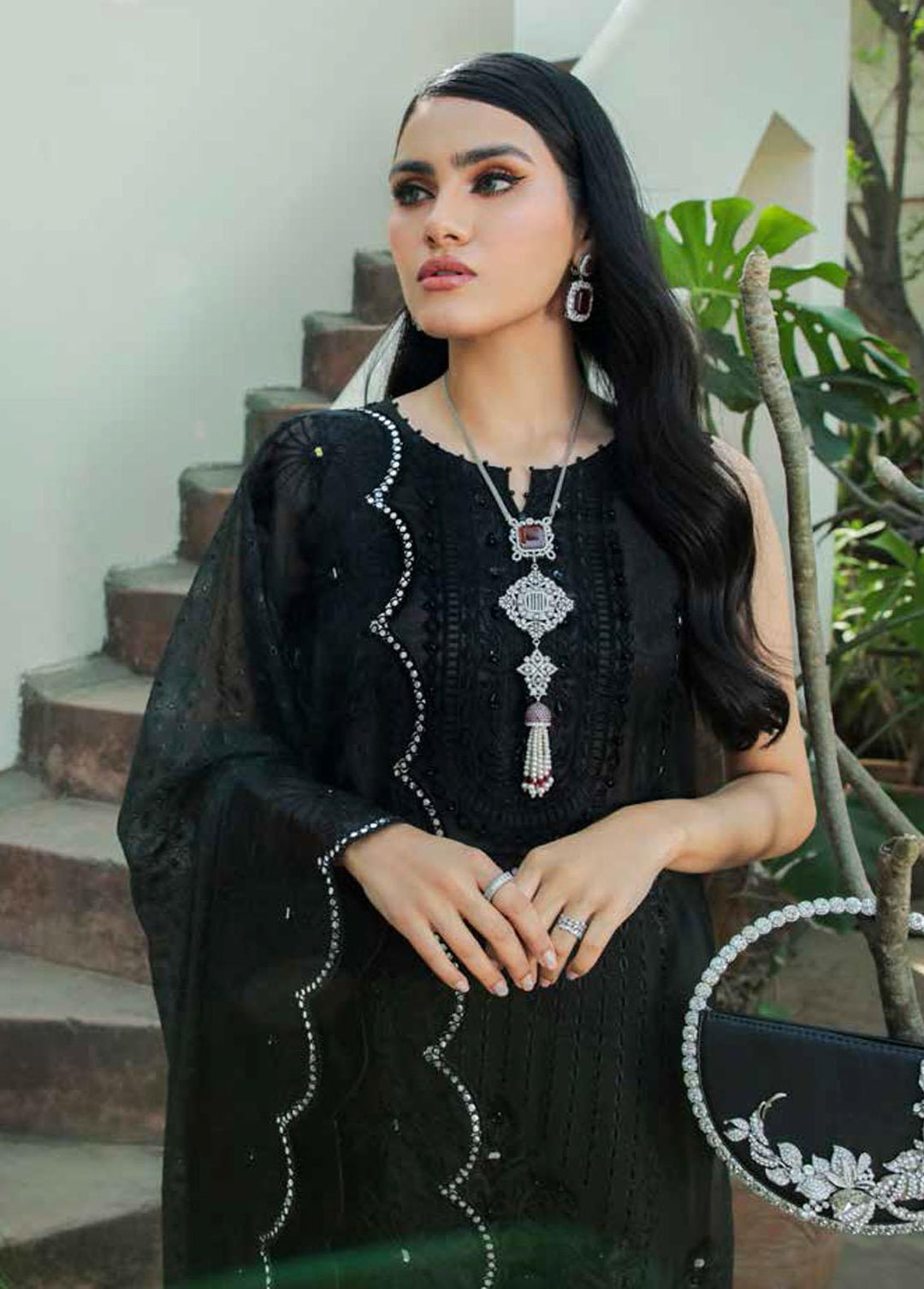 Nureh Embroidered Lawn Suits Unstitched 3 Piece NU22SL NE-38 Dark Noir - Luxury Collection