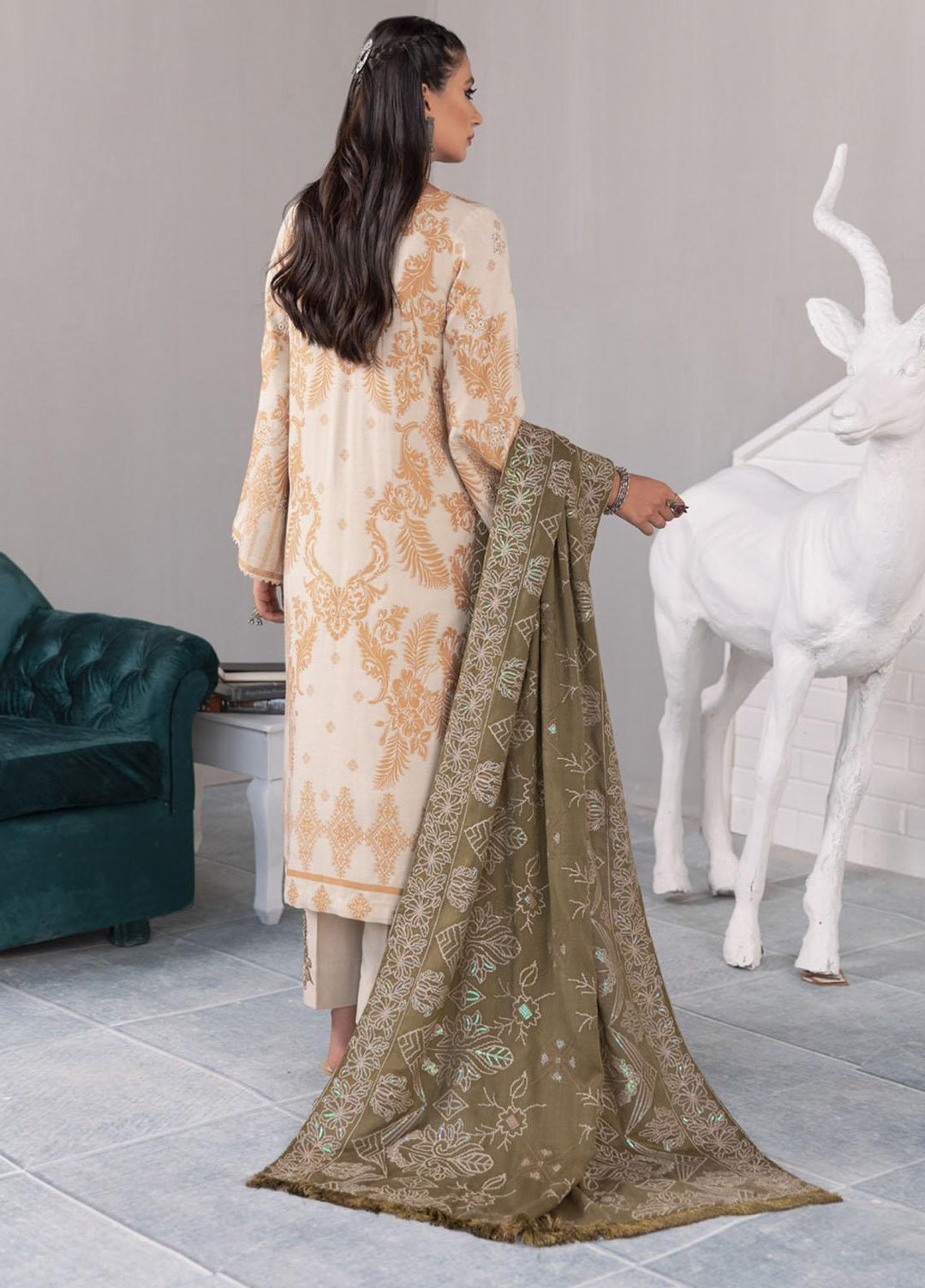 Nureh Embroidered Jacquard Leather Peach Suits Unstitched 3 Piece NU21JL J-03 - Winter Collection