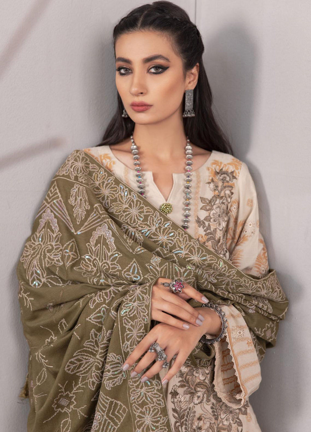 Nureh Embroidered Jacquard Leather Peach Suits Unstitched 3 Piece NU21JL J-03 - Winter Collection