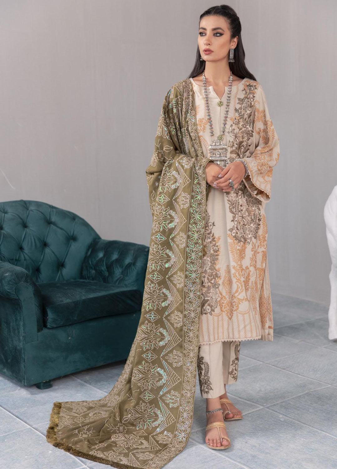 Nureh Embroidered Jacquard Leather Peach Suits Unstitched 3 Piece NU21JL J-03 - Winter Collection