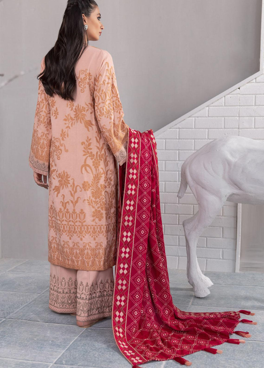 Nureh Embroidered Jacquard Leather Peach Suits Unstitched 3 Piece NU21JL J-05 - Winter Collection