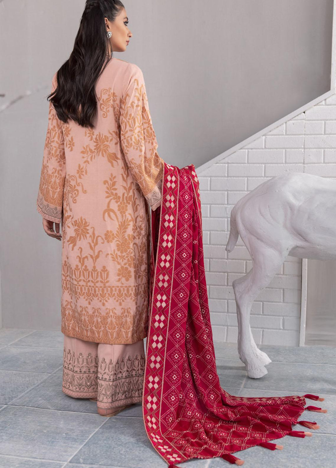 Nureh Embroidered Jacquard Leather Peach Suits Unstitched 3 Piece NU21JL J-05 - Winter Collection