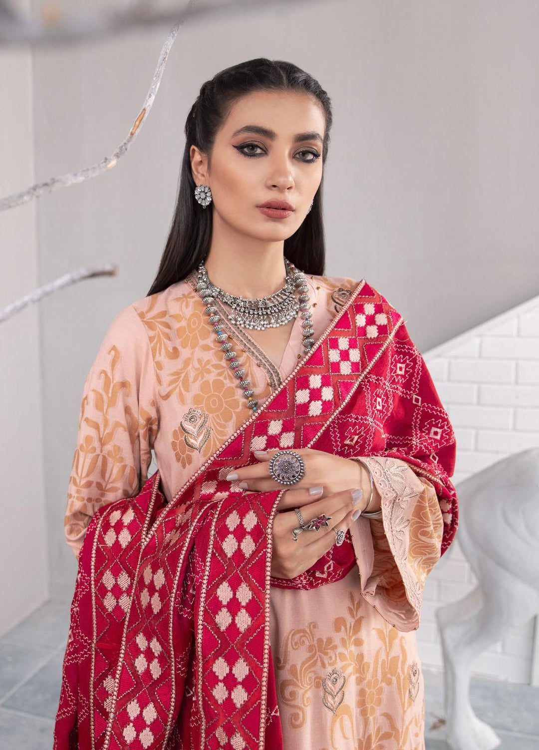 Nureh Embroidered Jacquard Leather Peach Suits Unstitched 3 Piece NU21JL J-05 - Winter Collection